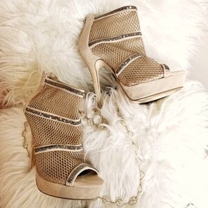 Anne Michelle Open-Toe Platform Suede Heels, Size 8